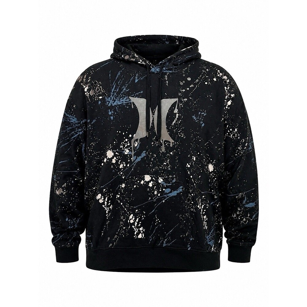 Hurley Men’s XXL Black Paint Splatter Pullover Hoodie Fleece Streetwear Graphic